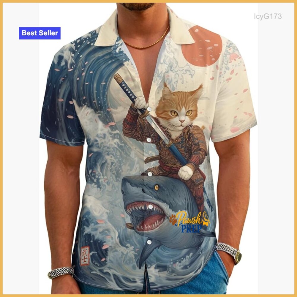 Men's Short Sleeve Button Down Hawaiian Shirt, Samurai Cat Print, Lightweight